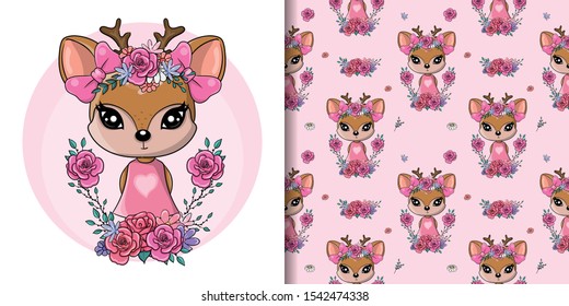 Greeting card Cute Baby Deer with flowers and hearts on a pink background