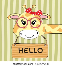 Greeting card Cute baby giraffe with glasses and an inscription hello. Sweet kids graphics for t-shirts.