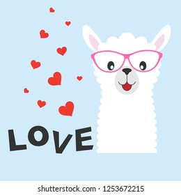 Greeting card Cute baby lama with glasses and an inscription love isolated in white background. Graphics for t-shirts. Vector illustration.