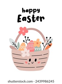Greeting card with cute basket with eggs and flowers. Easter illustration with festive animals in boho style. Happy Easter.