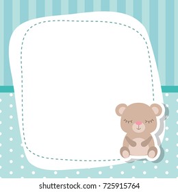 Greeting card with cute bear. Baby boy card Vector background.