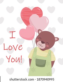 Tarjeta de saludo con un oso lindo y globos en forma de corazones. La ilustración vectorial es perfecta para la decoración del día de San Valentín. Dibujo de mano