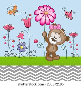 Greeting card Cute Bear with a flower on a meadow
