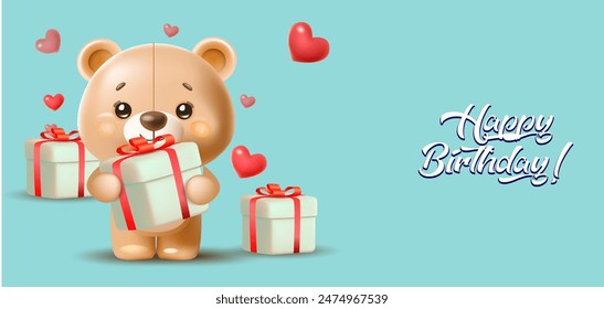 Greeting card with cute bear and gifts on blue background