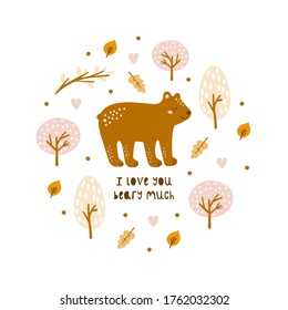 Greeting card with cute bear and hand-drawn elements.  Banner template for autumn party. Poster, card, label, banner design.