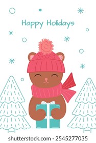 Greeting card with a cute bear holding a gift box. Hand drawn illustration with happy bear, gift, snow and warm wishes for Christmas poster or card design.