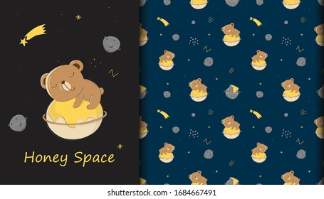 Greeting card of cute bear in the honey planet and baby pattern in the blue backdrop