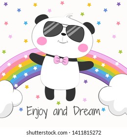 Greeting Card cute bear panda  is on the rainbow  isolated on a  colored stars background. Graphic element for print design, poster and t-shirt.
