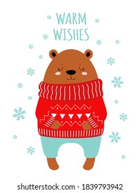 tarjeta de saludo con oso lindo en suéter rojo, impresión infantil para guardería, se puede usar para cualquier diseño, ilustración vectorial