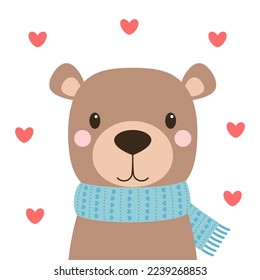 greeting card with cute bear in scarf on white background with hearts, concept of valentines day, flat style