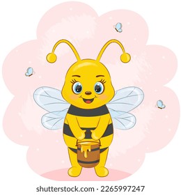 greeting card cute bee holding a bucket of honey in her hands on a pink background