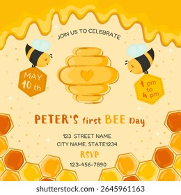 Greeting card with cute bees around a beehive, with honey drips and honeycombs on the background