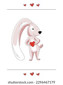 Greeting card with a cute beige bunny. A rabbit with big ears holds a heart in its paws. Postcard template for declaration of love, wishes, congratulations
