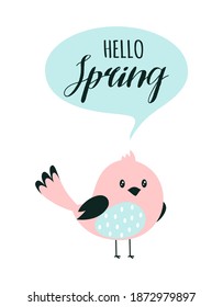 greeting card with cute bird and hello spring text isolated on white background, vector illustration, flat design