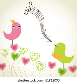 Greeting card with cute birds couple in love