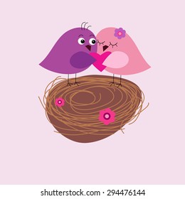 Greeting card with a cute birds in the nest