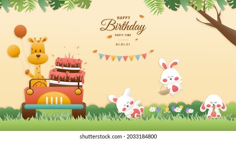 Greeting Card Cute Birthday A Giraffe Drives A Car And A Tree Rabbit. Jungle Animals Celebrate Children's Birthdays And Template Invitation Paper Cut And Papercraft Style Vector Illustration.