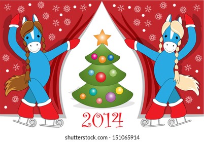 Greeting card with cute blue horses skating as symbol of the next year 