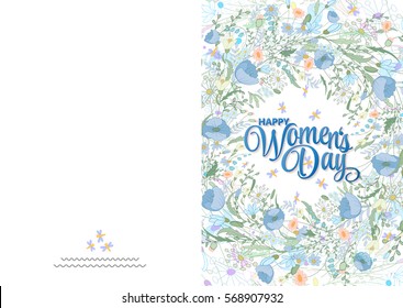 Greeting card with cute blue little flowers. 8 march - women's day. Ready to print card