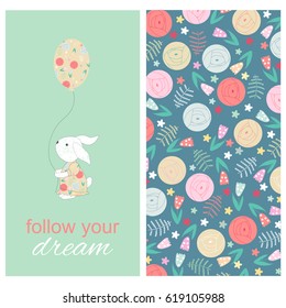 Greeting card with cute bunny and balloon and background with abstract flowers.Vector illustration.