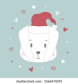 Greeting card with cute bunny. Character christmas rabbit. Cute Christmas bunny in a hat. Vector illustration.