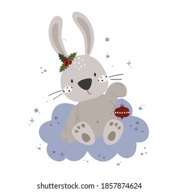 Greeting card with cute bunny. Chinese New Year. Merry Christmas greeting card. Vector illustration,