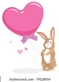 Greeting card with cute bunny holding a big heart-shaped balloon