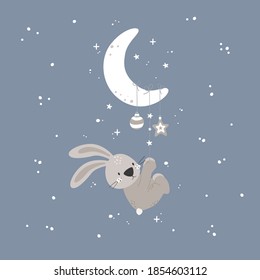 Greeting card with cute bunny. New Year. Merry Christmas greeting card. Vector illustration.