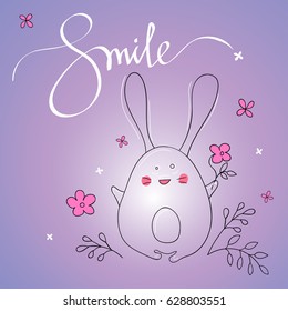 Greeting card with cute bunny or rabbit. Funny bunny with flowers