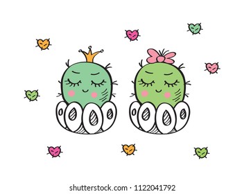 Greeting card with cute  cactuses for  Mother's Day, Father's Day, birthday. Vector illustration.