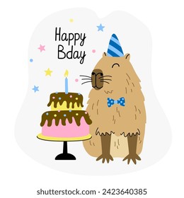 Greeting card with cute capybara and birthday cake. Hand drawn flat vector illustration and happy bday lettering. Funny animal.	