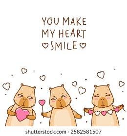 Greeting card with cute сartoon capybaras with heart decorations - funny animal border for Your Valentines day design