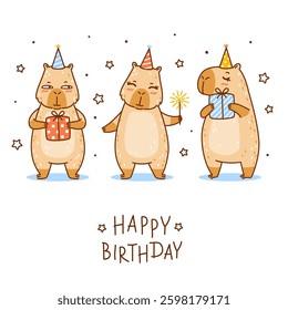 Greeting card with cute сartoon capybaras isolated on white background - funny animals for Your Birthday design
