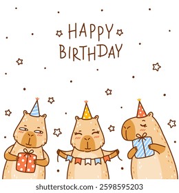 Greeting card with cute сartoon capybaras isolated on white background - funny animals for Your Birthday design