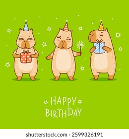 Greeting card with cute сartoon capybaras on green background - funny animals for Your Birthday design