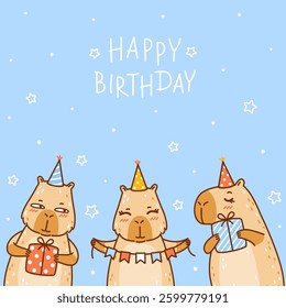 Greeting card with cute сartoon capybaras on blue background - funny animals for Your Birthday design