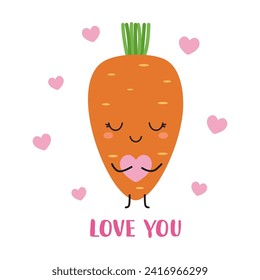 tarjeta de saludo de zanahoria linda y corazón, ilustración vectorial plana para el día de San Valentín