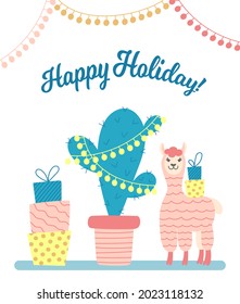 Greeting card with cute cartoon alpaca, gift boxes and decorated cactus on a white background.