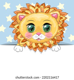 Greeting card cute cartoon animal holding a poster with place for text.