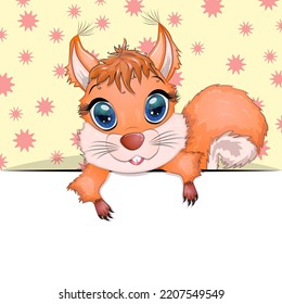 Greeting card cute cartoon animal holding a poster with place for text.