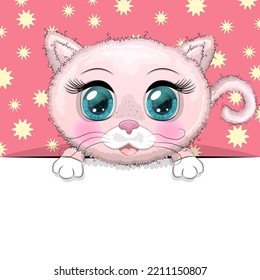 Greeting card cute cartoon animal holding a poster with place for text.