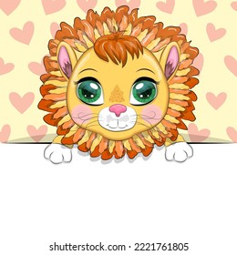 Greeting card cute cartoon animal holding a poster with place for text.