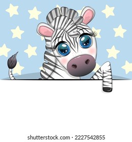 Greeting card cute cartoon animal holding a poster with place for text.