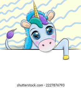 Greeting card cute cartoon animal holding a poster with place for text.