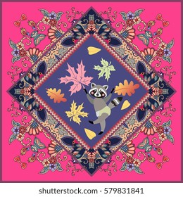  Greeting card with cute cartoon animal on beautiful ornamental frame for children. Little raccoon with maple leaf.
