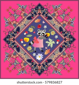 Greeting card with cute cartoon animal on beautiful ornamental frame for children. Raccoon - girl on pink dress with bow and yellow apple. Pillowcase.