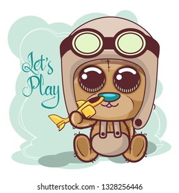 Greeting card Cute Cartoon bear with a plane - Vector