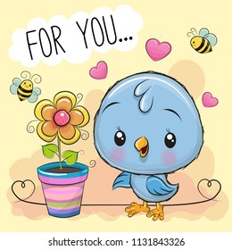 Greeting card cute cartoon Bird with flower on orange background