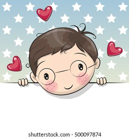 Greeting card cute Cartoon Boy is holding a placard on a stars background