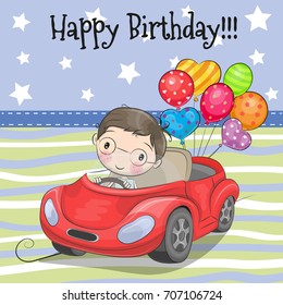 Greeting card Cute Cartoon Boy on a car with balloon